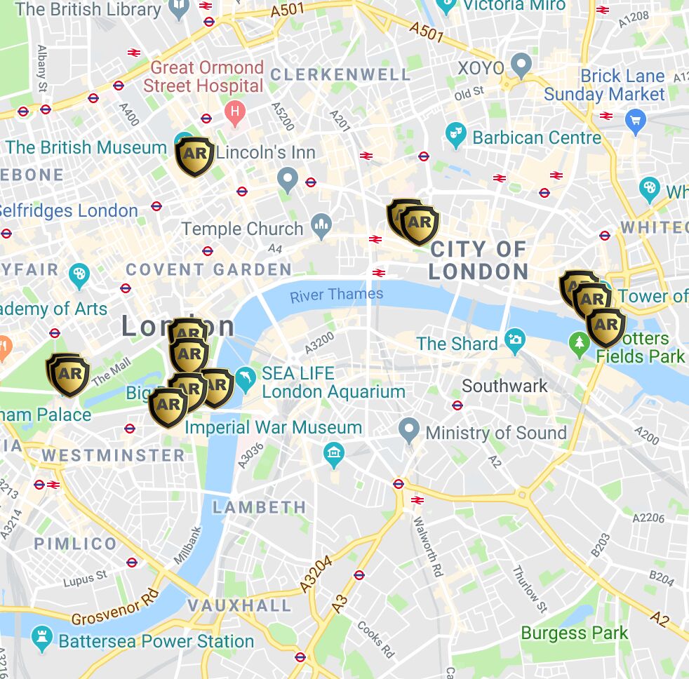 Map of central London with AR History guide locations
