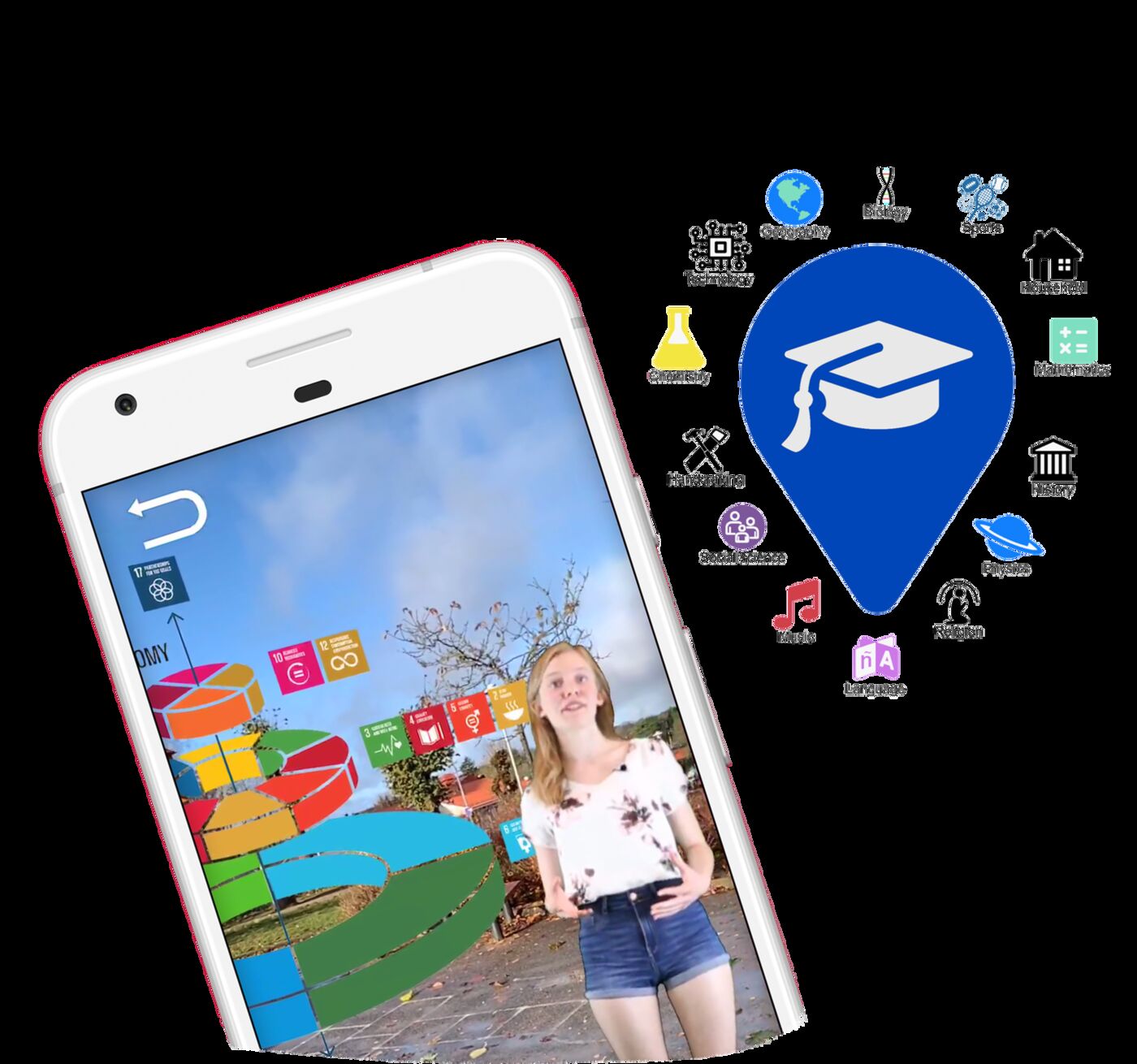 AR Schoolyard app on a phone with a student and colourful AR objects