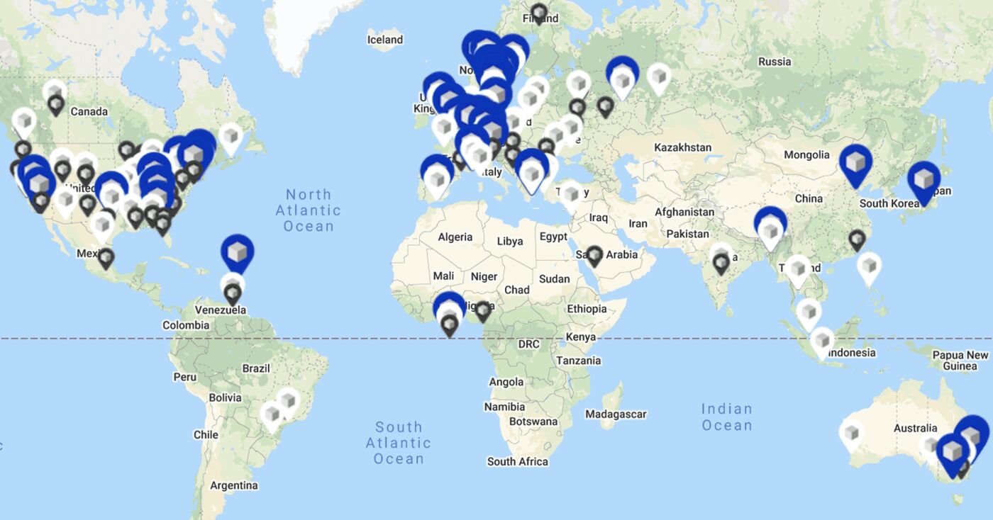 World map with pins showing where SpotBuild art has been built