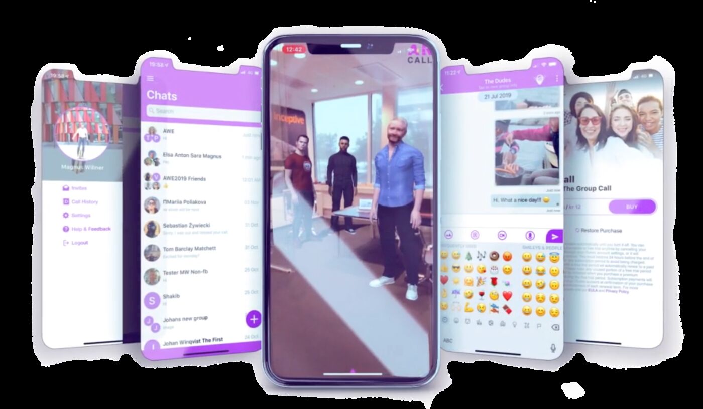 ARCall app screens showing contacts, chat and a lifelike avatar in a room